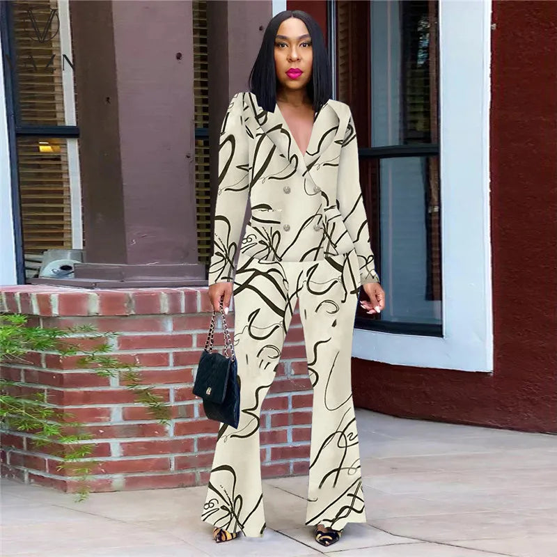 VAZN 2023 Autumn Latest Style Retro Print Office Lady Full Sleeve Suits Open Stitch +Long Boot Cut Pants Women 2 Piece Set