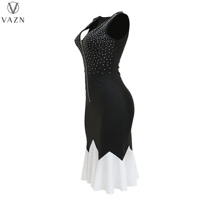 VAZN 2023 High Street Style Women Mid Long Dress Printed Lady  Long Dresses Hot Sale Sleeveless Zipper V Neck Dress