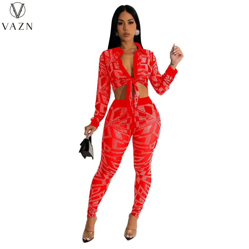 VAZN New 2023 Long Sleeve Lapel Short Top Elastic Long Pants Pure Color Lady Two Piece Set Sexy Street Style Women Suit