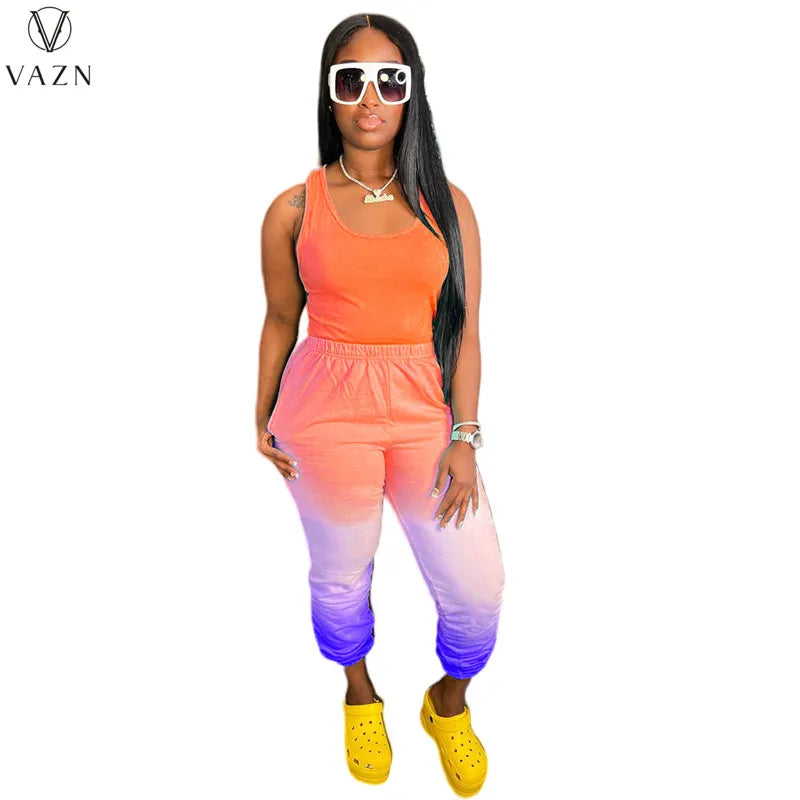 VAZN New 2022 Casual Movement Style Women Suit Sleeveless Round Neck Top Elastic Long Pants Pure Color Two Piece Set