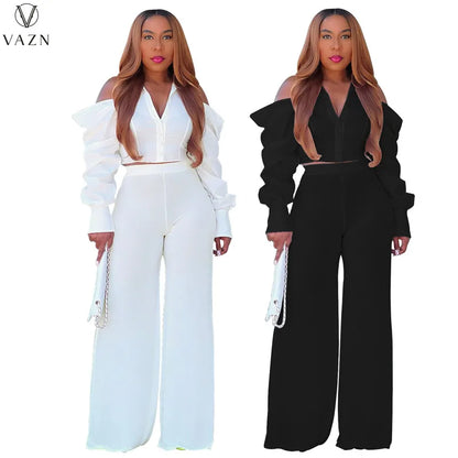 VAZN 2022 New Street Casual Style Women Suit Long Sleeve Single Breasted Shirt Elastic Long Pants Two Piece Set