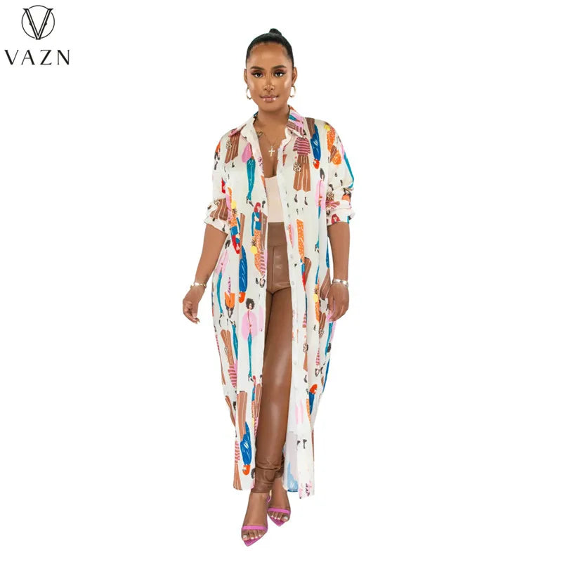 VAZN 2023 Printed Lady Long Dresses Hot Sale Long Sleeve Lapel Dress Casual Street Style Women Floor Length Shirt Dress