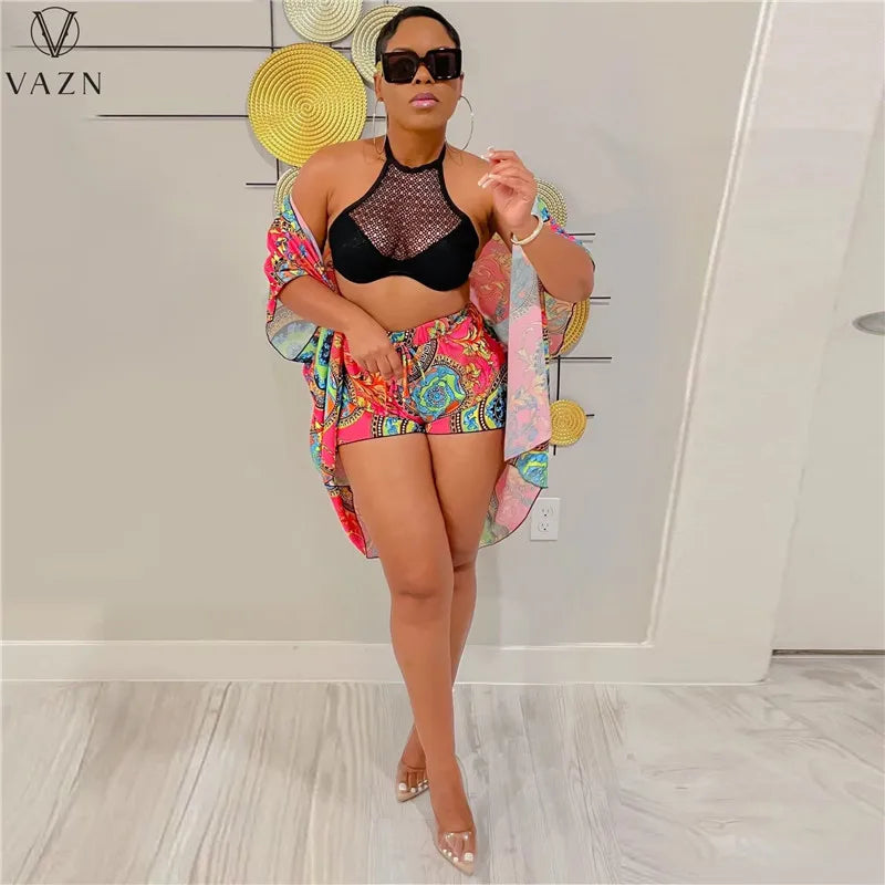 VAZN 2022 Women Sexy Holiday Style Sets Short Sleeve Outwear Elastic Short Pants Printed Lady Two Piece Set