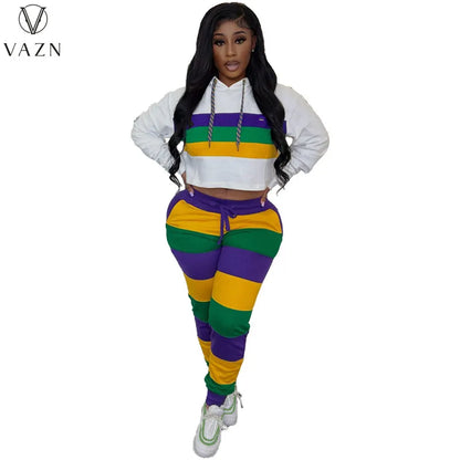 VAZN 2023 Hot Sales Striped Young Casual Suitable Tracksuits Free Hooded Full Sleeve +Long Pencil Pants Women 2 Piece Set