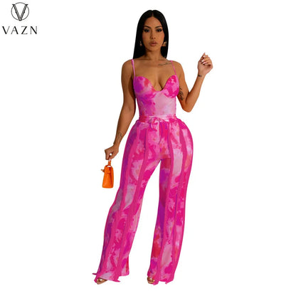 VAZN New 2023 Sleeveless Strapless Jumpsuits Elastic Long Pants Printed Lady Two Piece Set Casual Street Style Women Suit