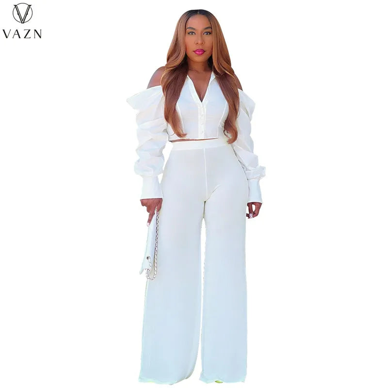 VAZN 2022 New Street Casual Style Women Suit Long Sleeve Single Breasted Shirt Elastic Long Pants Two Piece Set