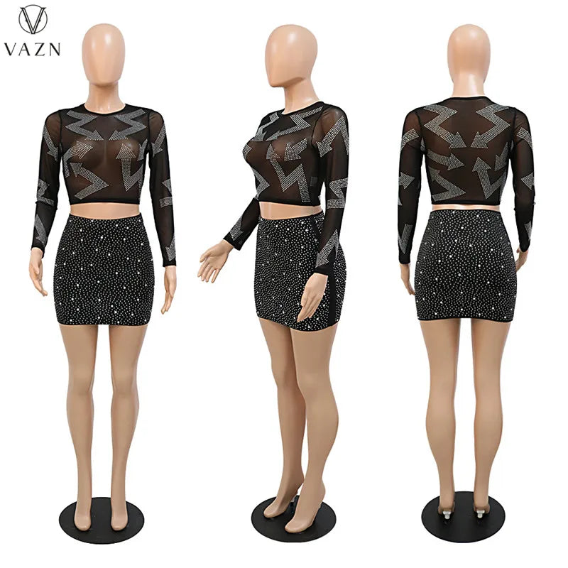 VAZN Hot Drilling 2022 Sexy Club Style Women Suit Long Sleeve Round Neck Short Top Elastic Mini Short Skirt Two Piece Sets