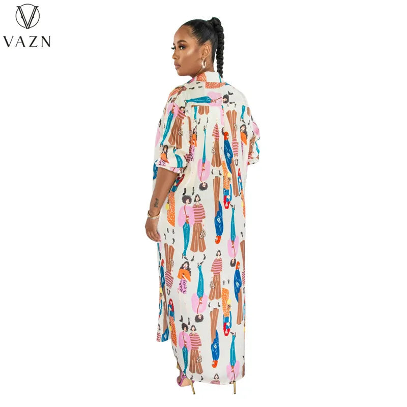 VAZN 2023 Printed Lady Long Dresses Hot Sale Long Sleeve Lapel Dress Casual Street Style Women Floor Length Shirt Dress