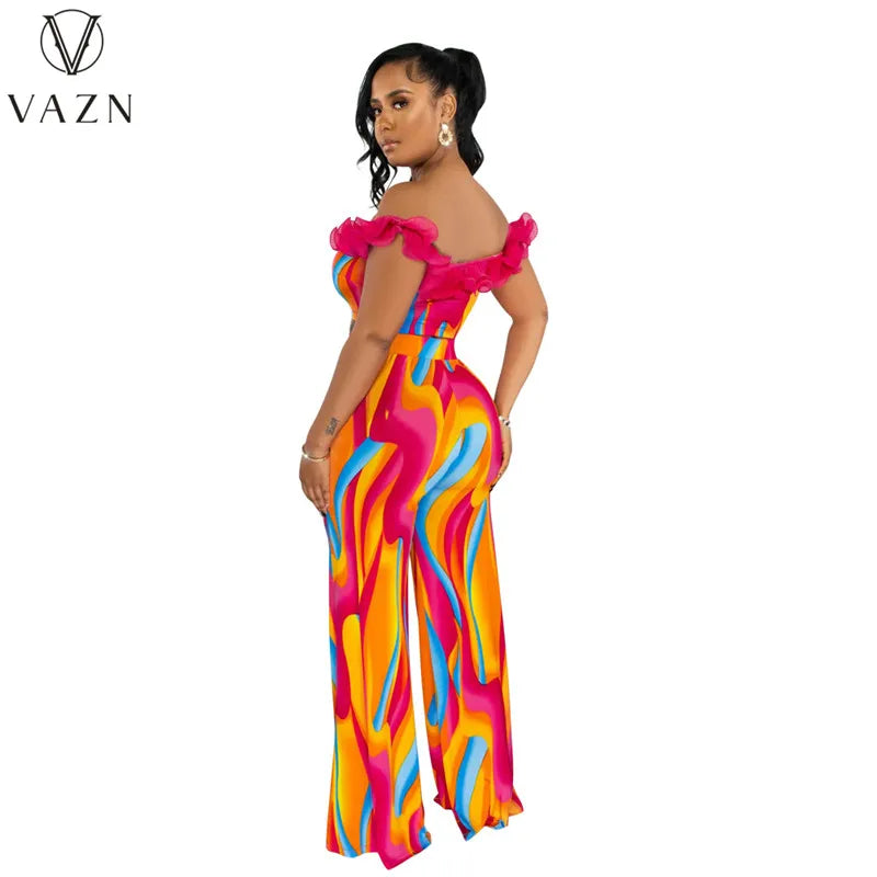 VAZN New 2023 Short Sleeve Card Shoulder Top Elastic Long Pants Printed Lady 2 Piece Set Fashion Casual Street Style Women Suit