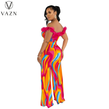 VAZN New 2023 Short Sleeve Card Shoulder Top Elastic Long Pants Printed Lady 2 Piece Set Fashion Casual Street Style Women Suit