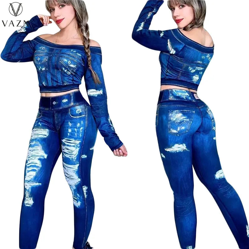 VAZN New 2023 Fashion Street Casual Style Women Suit Long Sleeve Card Shoulder Top Elastic Long Pants Printed Two Piece Sets