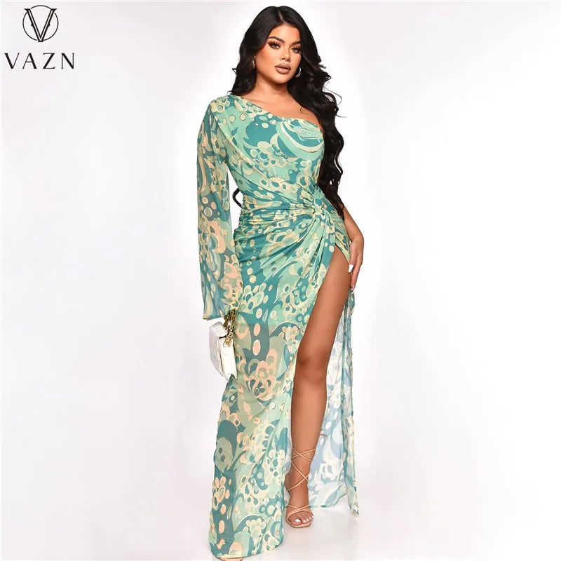 VAZN 2023  Top Quality Retro Print Young Sexy Club Chiffon Full Sleeve One Off Shoulder Women High Waist Long Spit Dress