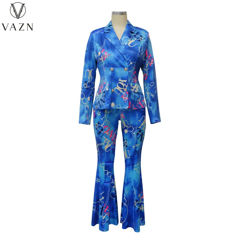 VAZN 2023 Autumn Latest Style Retro Print Office Lady Full Sleeve Suits Open Stitch +Long Boot Cut Pants Women 2 Piece Set