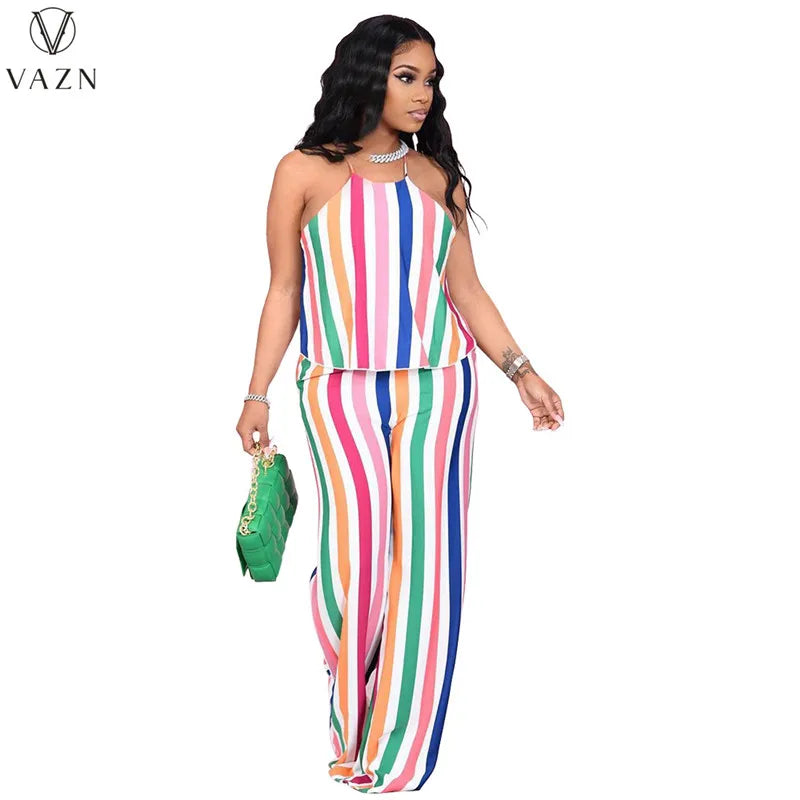 VAZN 2023 New Fashion Casual Street Style 2 Piece Sets sleeveless dew shoulder Top elastic Long Pants Printed Women Set