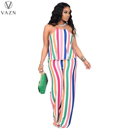 VAZN 2023 New Fashion Casual Street Style 2 Piece Sets sleeveless dew shoulder Top elastic Long Pants Printed Women Set