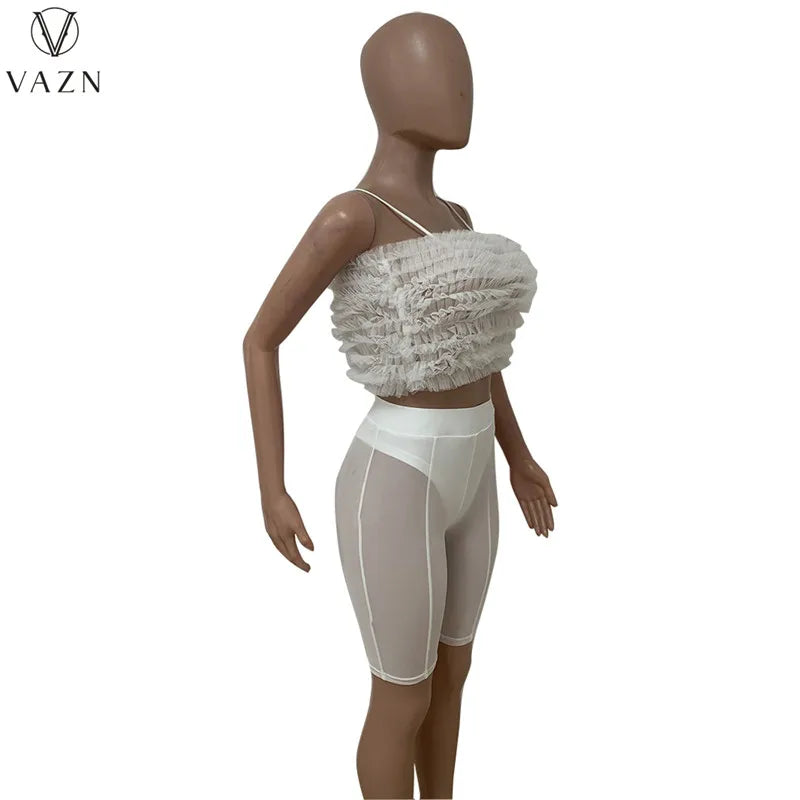 VAZN 2022 Sleeveless Dew Waist Top Elastic Short Pants Pure Color 2 Piece Set New Women Sexy Club Party Style Sets