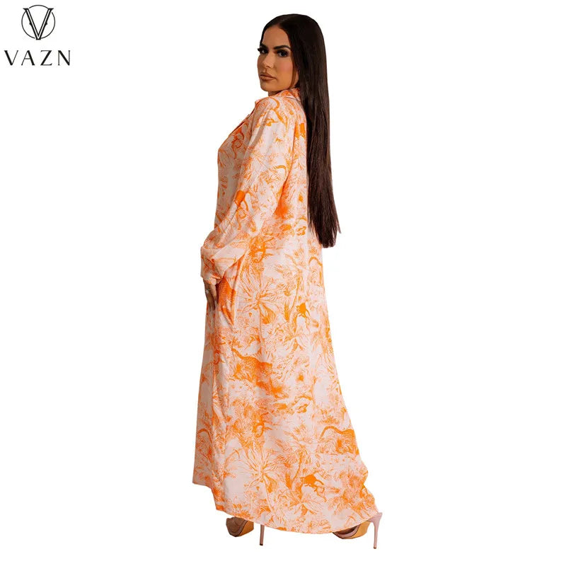 VAZN 2023 Printed Lady Long Dresses Hot Sale Long Sleeve Lapel Dress Street Causal Style Women Floor Length Shirt Dress