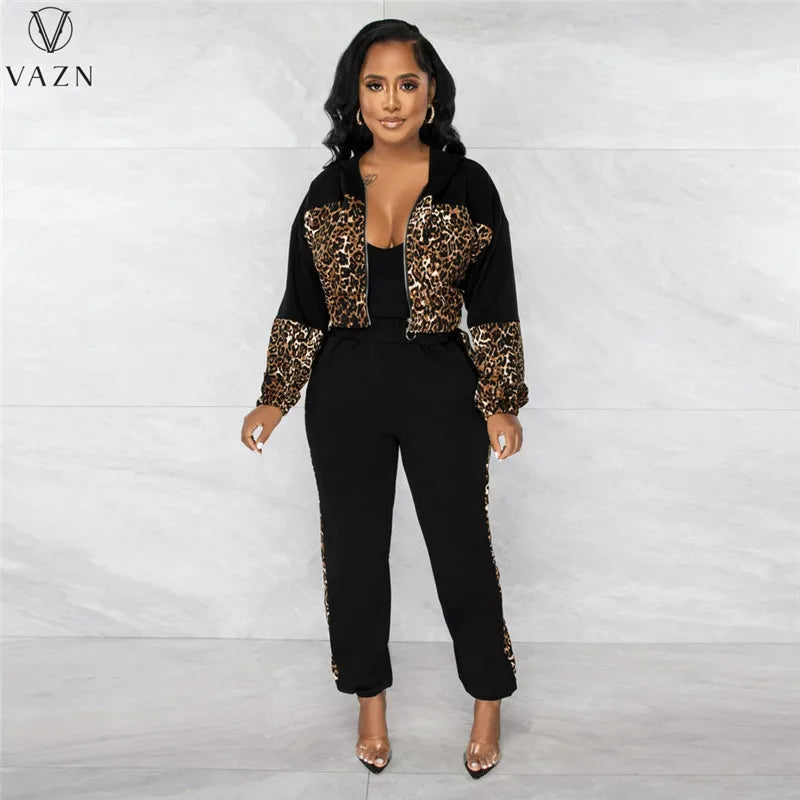 VAZN 2023 New Fashion Lady Casual Street Style 2 Piece Sets Long Sleeve Zipper Top Elastic Long Pants Leopard Grain Women Sets