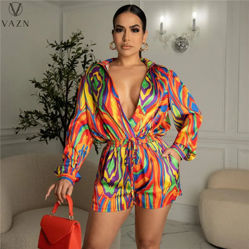 VAZN New 2022 Fashion Street Casual Style Women Suit Long Sleeve Lapel Top Elastic Pockets Short Pants Printed Two Piece Set