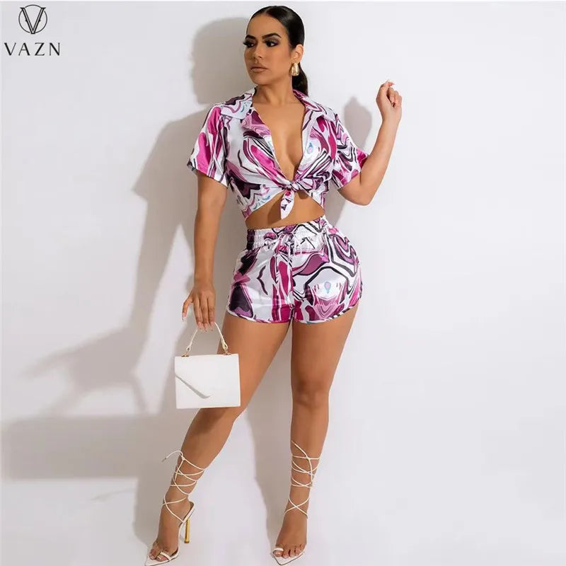 VAZN 2022 Women Street Casual Style Sets Short Sleeve Lapel Shirt Elastic Short Pants Printed Lady Two Piece Set