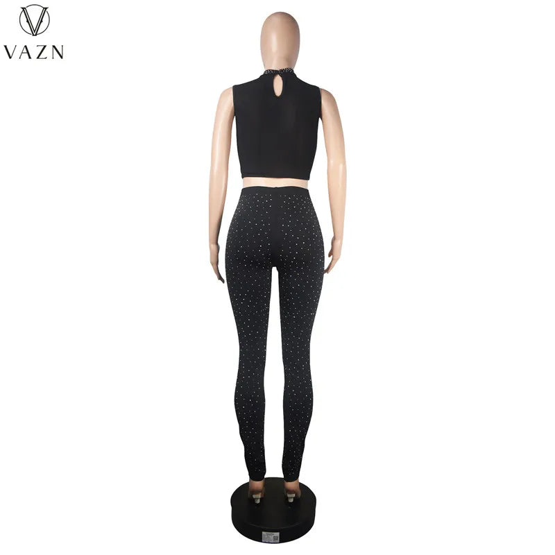 VAZN New 2023 Fashion Sexy Street Style Women Suit Sleeveless Round Neck Short Top Elastic Long Pants Pure Color Two Piece Sets