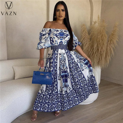 VAZN 2023 Hot Sale Women New High Street Style Long Dress Short Sleeve Card Shoulder Dress Printed Lady Floor Length Dress