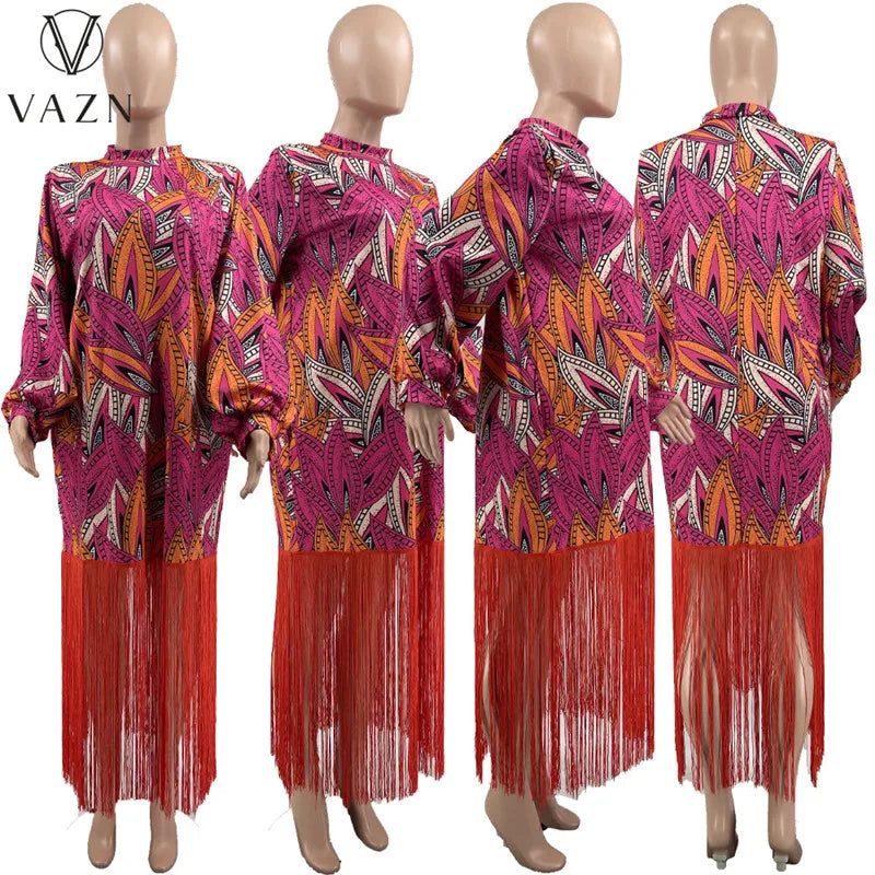 VAZN 2023 New Luxury Designer Young Retro Print Sexy Overalls Round Neck Full Sleeve Style Women Long Straight Tassel Dress