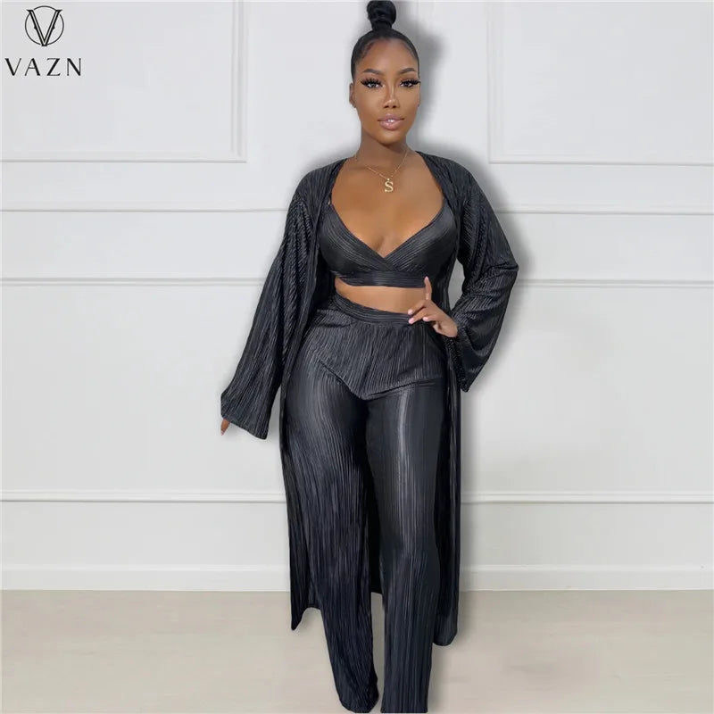 VAZN New 2022 Fashion Casual Street Style Women Suit Long Sleeve Outwear Short Vest Long Pants Pure Color 3 Piece Set