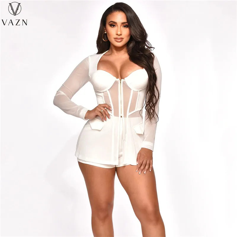 VAZN 2022 New Women Sexy Street Style Sets Long Sleeve Strapless Zipper Top Elastic Short Pants Pure Color 2 Piece Set