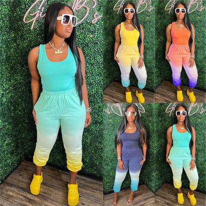 VAZN New 2022 Casual Movement Style Women Suit Sleeveless Round Neck Top Elastic Long Pants Pure Color Two Piece Set