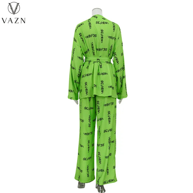 VAZN New 2023 Long Sleeve No Collar Top Elastic Long Pants Printed Lady 2 Piece Set Casual Street Style Women Suit