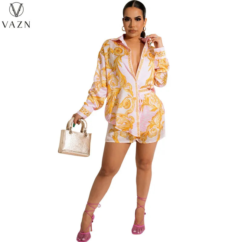 VAZN 2022 Long Sleeve Lapel Short Shirt Elastic Short Pants Printed 2 Piece Sets Ladies Fashion Street Casual Style Women Suit