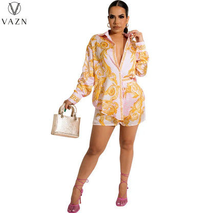 VAZN 2022 Long Sleeve Lapel Short Shirt Elastic Short Pants Printed 2 Piece Sets Ladies Fashion Street Casual Style Women Suit