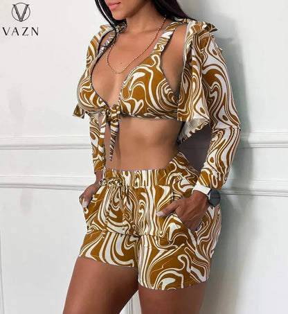 VAZN 2022 Fashion New Women Sexy Holiday Style Sets Deep V Short Top Elastic Short Pants Long Sleeve Outwear 3 Piece Sets