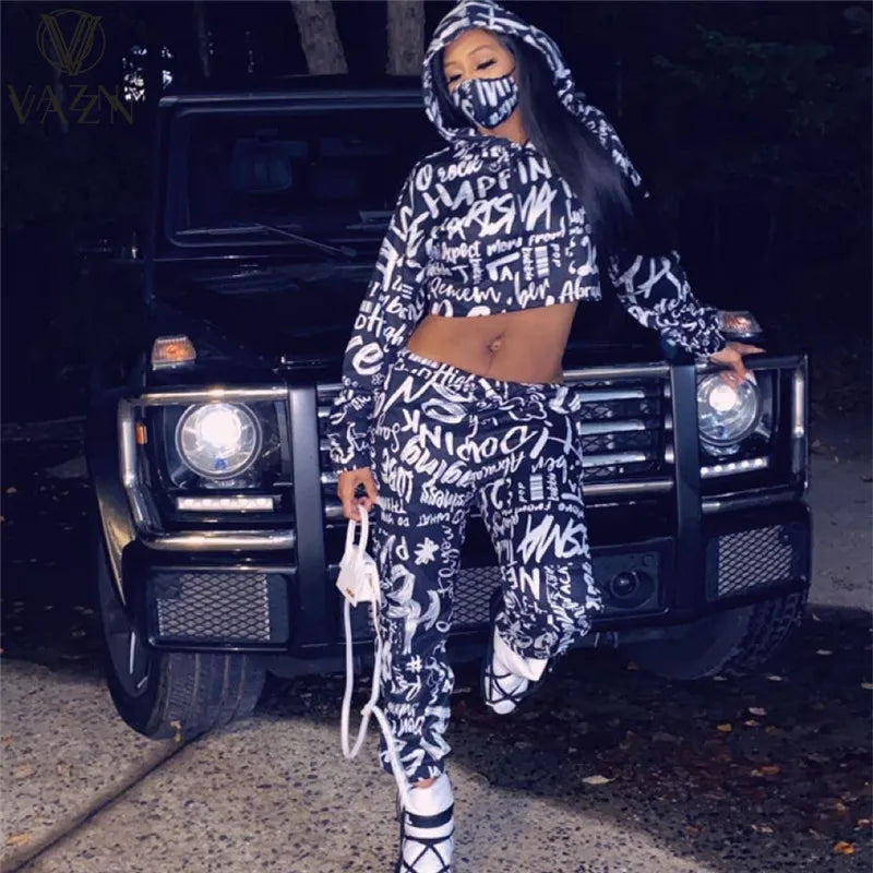 VAZN 2022 Fashion Lady Street Casual Style 2 Piece Sets Long Sleeve Hooded Collar Short Top Elastic Long Pants Printed Women