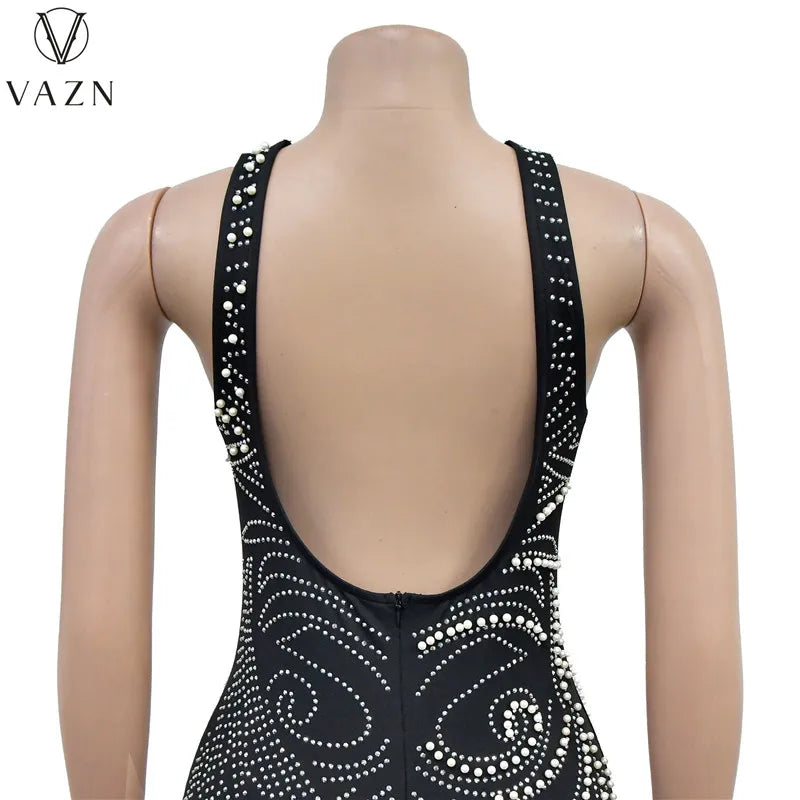 VAZN 2023 New Luxury Designer Young Sexy Club Diamonds Flaring Spaghetti Strap Backless Women High Waist Long Mermaid Dress