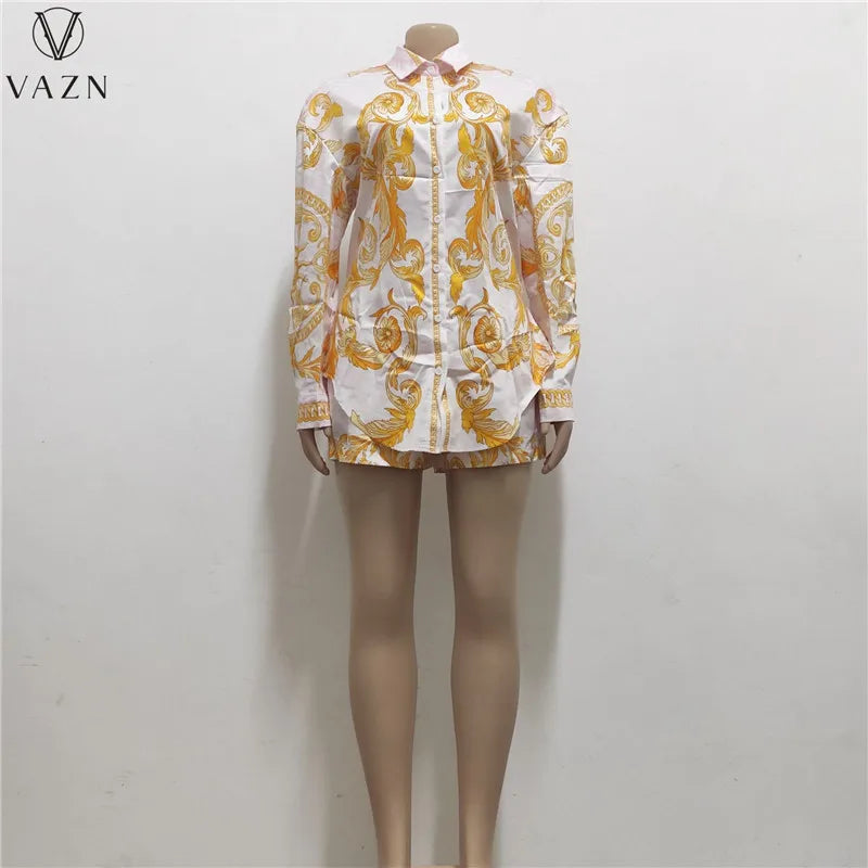 VAZN 2022 Long Sleeve Lapel Short Shirt Elastic Short Pants Printed 2 Piece Sets Ladies Fashion Street Casual Style Women Suit