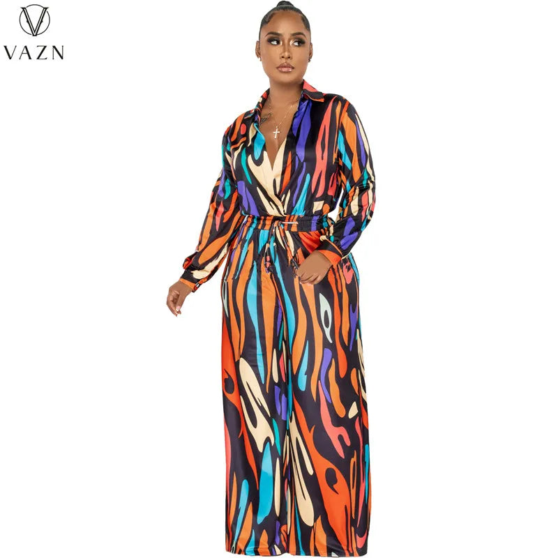 VAZN 2023 New Fashion Casual Street Style 2 Piece Sets Long Sleeve Lapel Shirt Elastic Long Pants Printed Women Set