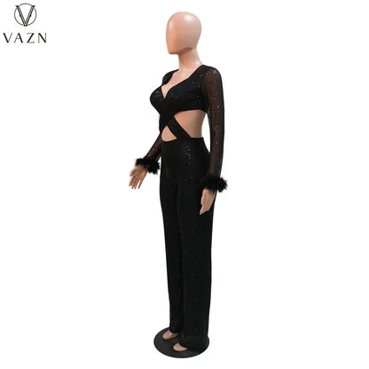 VAZN New 2023 Fashion Sexy Street Style Women Suit Long SleeveV Neck Short Top Elastic Long Pants Pure Color Two Piece Sets