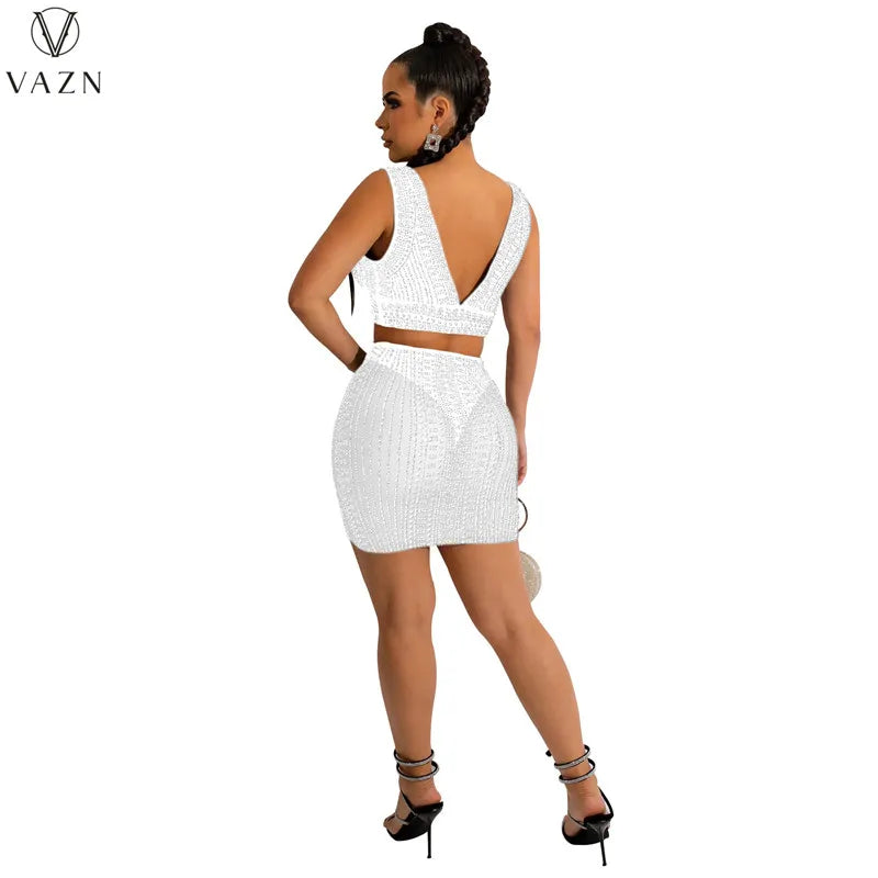 VAZN 2022 Sexy Club Party Style Women Suit Sleeveless Dew Waist Top Elastic Mini Short Skirt Hot Drilling Pure Color 2 Piece Set