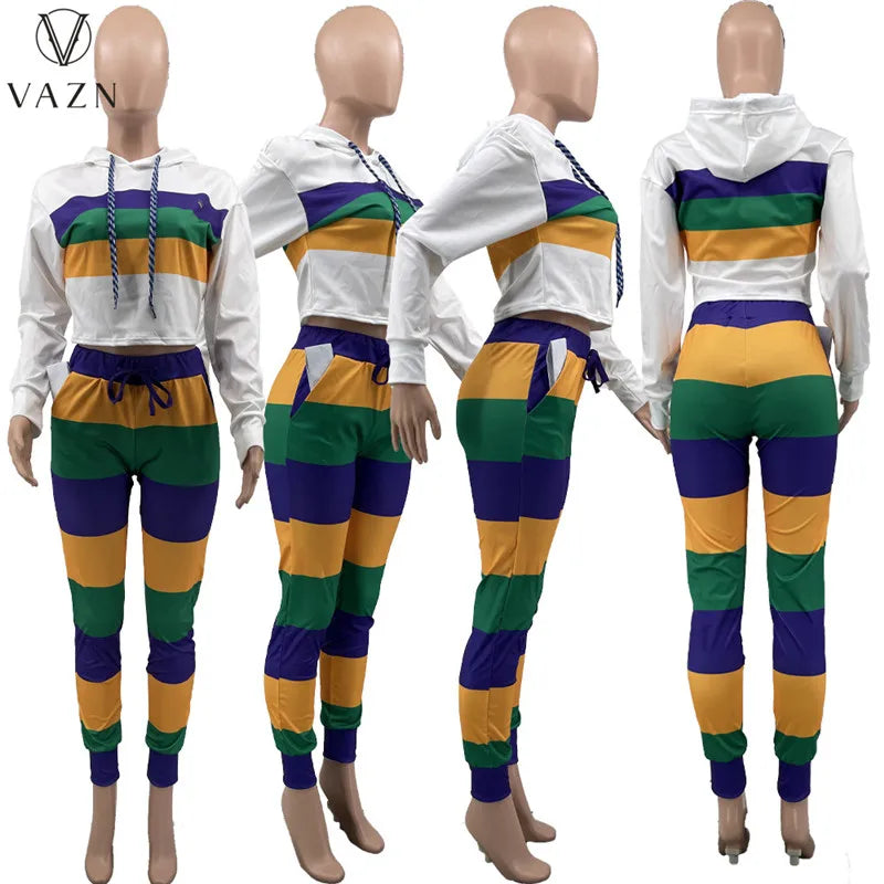 VAZN 2023 Hot Sales Striped Young Casual Suitable Tracksuits Free Hooded Full Sleeve +Long Pencil Pants Women 2 Piece Set