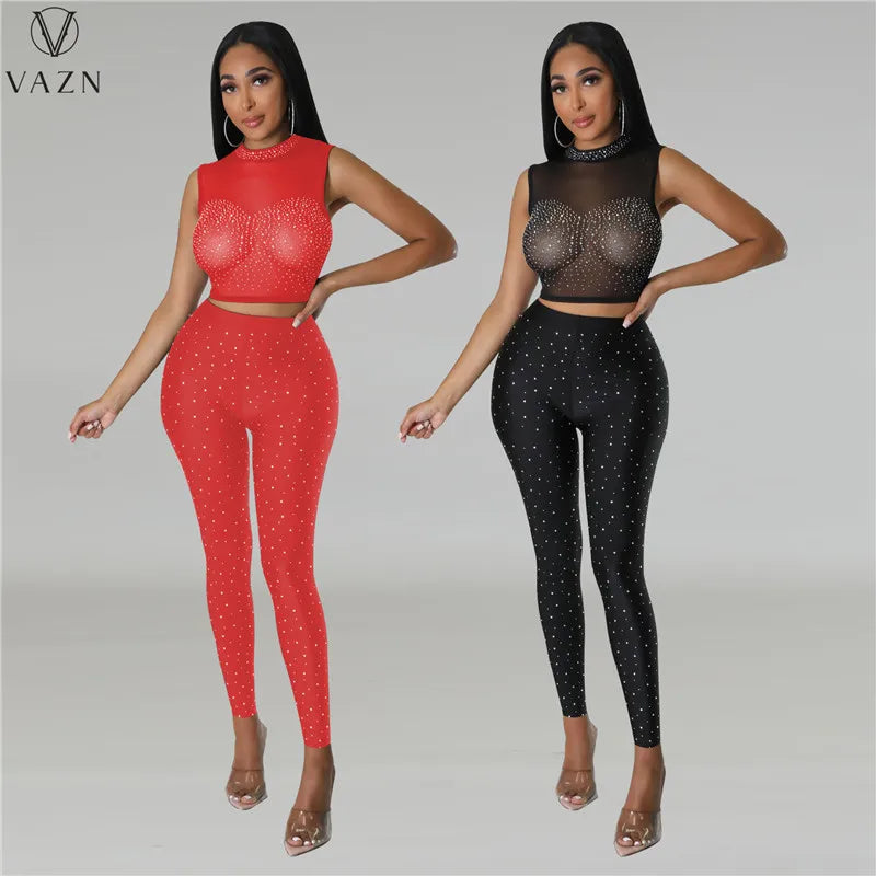 VAZN New 2023 Fashion Sexy Street Style Women Suit Sleeveless Round Neck Short Top Elastic Long Pants Pure Color Two Piece Sets