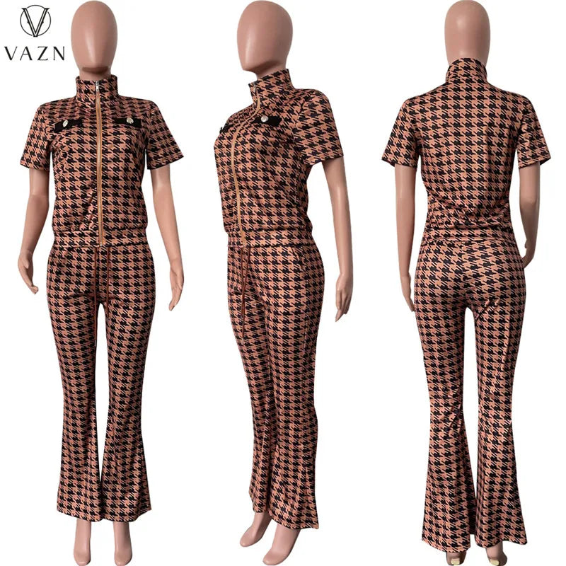 VAZN 2023 New Fashion Casual Street Style 2 Piece Sets Short Sleeve Lapel Zipper Top Elastic Long Pants Printed Women Set