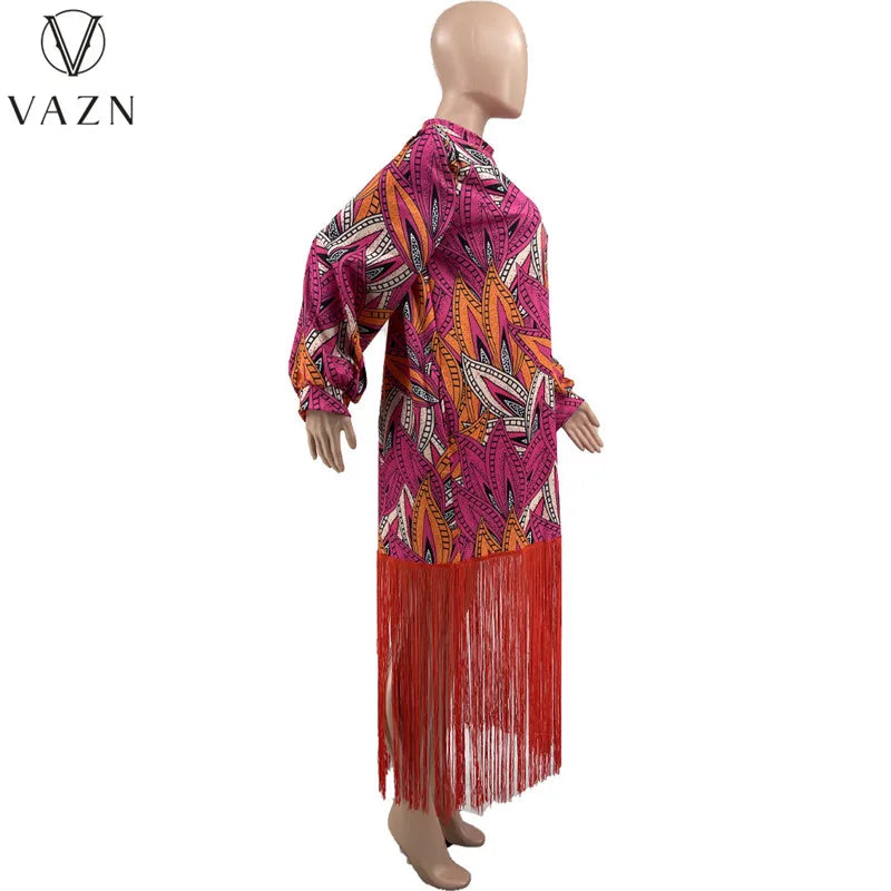 VAZN 2023 New Luxury Designer Young Retro Print Sexy Overalls Round Neck Full Sleeve Style Women Long Straight Tassel Dress