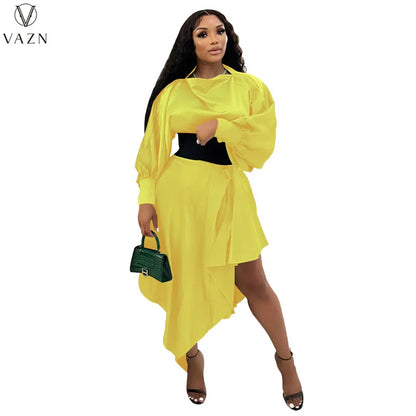 VAZN 2022 Fashion Street Girl Style Women Suit Long Sleeve Round Neck Top Elastic Mid Long Skirt Lady Pure Color 2 Piece Set