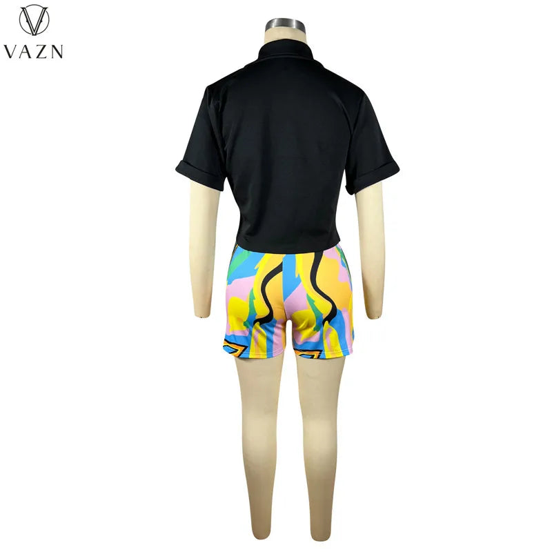 VAZN 2023 Street Casual Style Women Sets Short Sleeve Lapel Short Top Short Pants Lady Printed Lady Two Piece Set