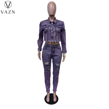 VAZN 2023 Autumn Winter High-end Denim Set Retro Casual Full Sleeve + Long Hollow Out Pencil Skinny Pants Women 2 Piece Set