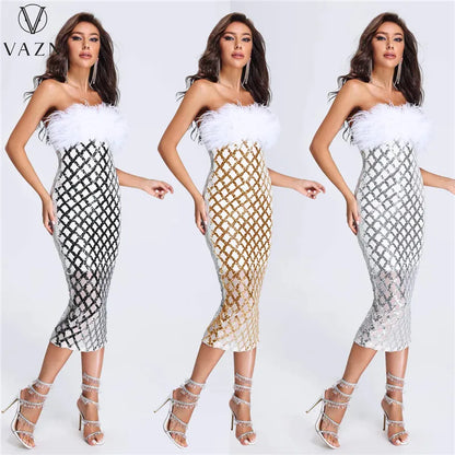 VAZN 2023 New Luxury Designer Young Sexy Club Patchwork Strapless Sleeveless Backless Women High Waist Long Pencil Dress