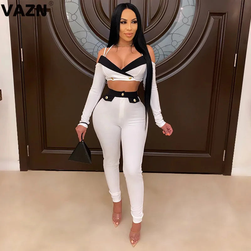 VAZN 2020 Patchwork Off Shoulder Bandage Sets Sexy Club Birthday Outfits Fashion Two Piece Women Sets