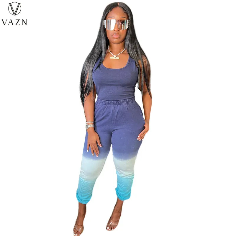 VAZN New 2022 Casual Movement Style Women Suit Sleeveless Round Neck Top Elastic Long Pants Pure Color Two Piece Set